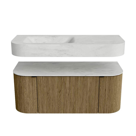 MONDIAZ THOR-DLUX 110cm meuble de salle de bains arrondi gauche + droite couleur Dusk avec 1 tiroir et 2 portes. Vasque suspendue CLOUD Gauche sans trou de robinet couleur Opalo. SW1462820