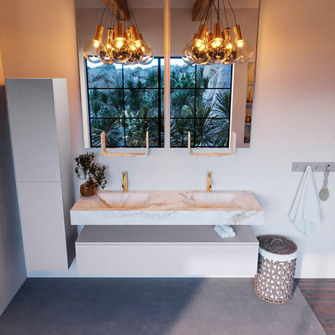 Mondiaz ALAN-DLUX Ensemble de meuble - 150cm - meuble Cale mat - 1 tiroir - Lavabo Cloud Frappe suspendu - vasque Gauche et droite - 2 trous de robinet SW805170