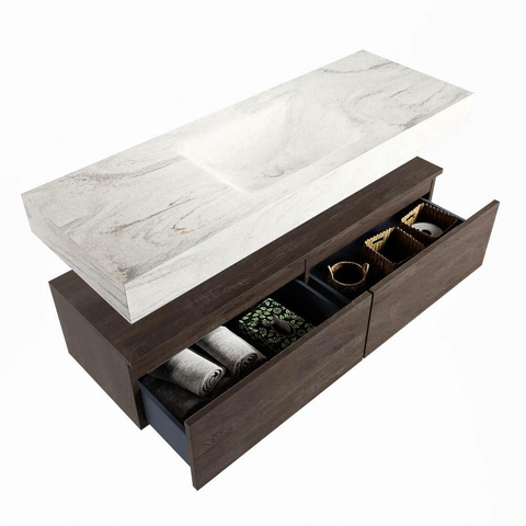 Mondiaz ALAN-DLUX Ensemble de meuble de salle de bains - 100x46cm - 2 tiroirs - lavabo suspendu - sans trous de robinet - 2 au milieu - brun foncé (chêne foncé) SW1159683