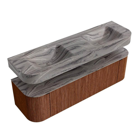 MONDIAZ THOR-DLUX 160cm meuble de salle de bains arrondi gauche + droite couleur Ruby avec 1 tiroir et 2 portes. Vasque suspendue CLOUD Double 2 trous de robinet couleur Sombra. SW1465387