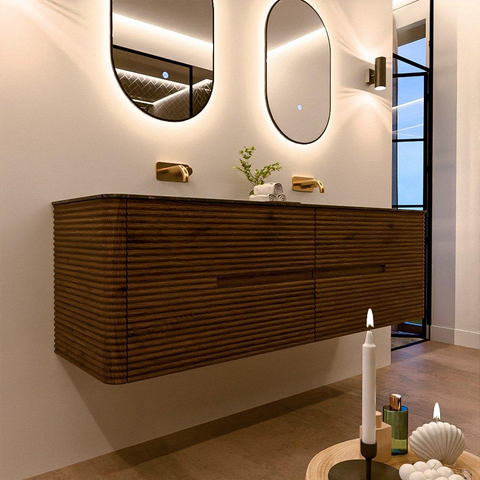 Mondiaz CIRO-DLUX Badkamermeubelset - 160x45x50cm - Solid surface wastafel Lava - 2 wasbak Dubbel - zonder kraangaten - 4 lades - Dusk SW1533056