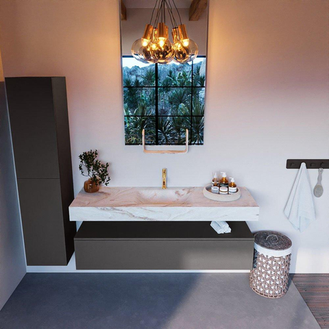 Mondiaz ALAN-DLUX Ensemble de meuble - 150cm - meuble Dark grey mat - 1 tiroir - Lavabo Cloud Frappe suspendu - vasque Centre - 1 trou de robinet SW804677