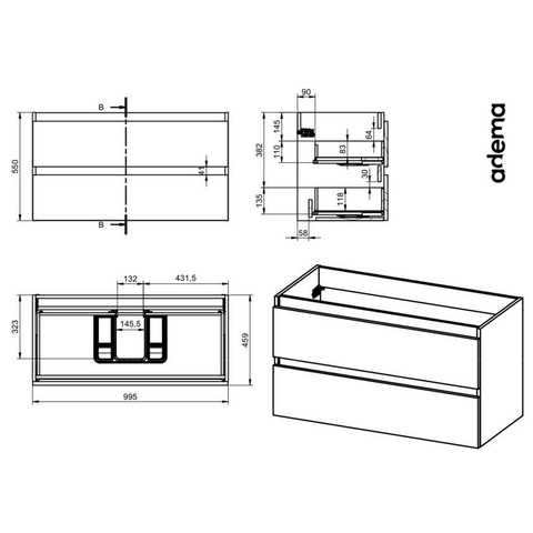 Saniclass Chaci Meuble de salle de bain - 100x46x55cm - lavabo en céramique noir - 1 vasque - 1 trou de robinet - 2 tiroirs - miroir rectangulaire - mat cotton (beige) SW1182379