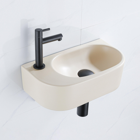 QeramiQ Fuente fonteinset – halfrond – 40x21.5x12 cm – keramiek beige – kraangat links – mat zwarte kraan SW1232797