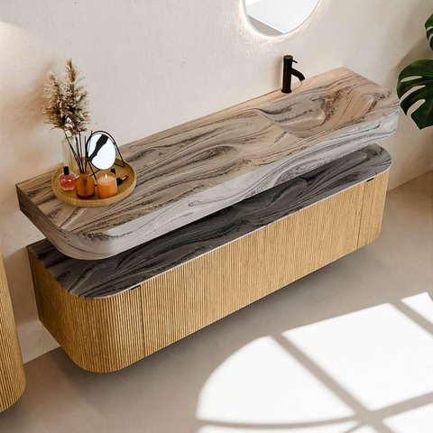 MONDIAZ THOR-DLUX 170cm badmeubel ronding links + rechts kleur Oak met 1 lade en 2 deuren. Vrijhangende wastafel CLOUD Rechts 1 kraangat kleur Sombra. SW1465842