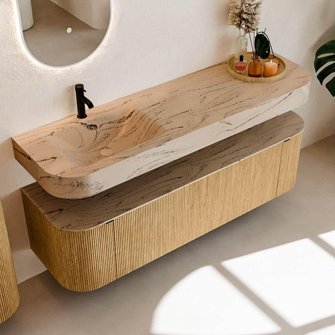 MONDIAZ THOR-DLUX 160cm meuble de salle de bains arrondi gauche + droite couleur Oak avec 1 tiroir et 2 portes. Vasque suspendue CLOUD Gauche 1 trou de robinet couleur Arena. SW1465120