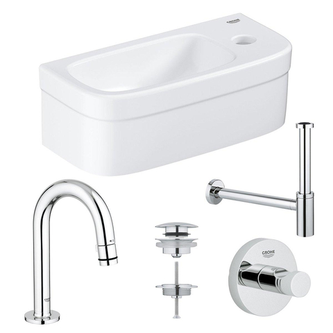 Grohe Euro Fonteinset - 37x18cm - rechthoek - 1 kraangat - zonder overloop - gebogen kraan - sifon - afvoerplug - handdoekhaak - wit/chroom SW453000