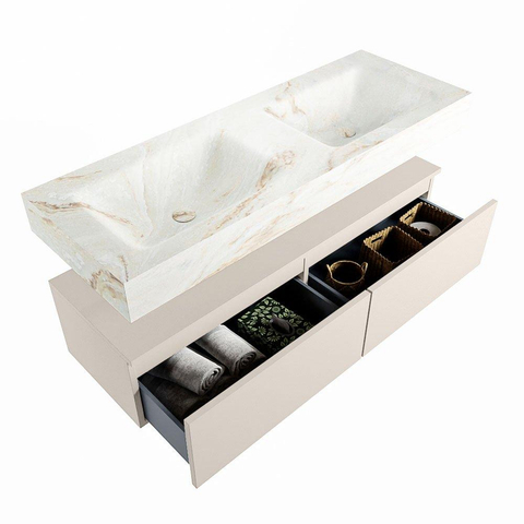 Mondiaz ALAN-DLUX Ensemble de meuble - 130cm - meuble Linen mat - 2 tiroirs - Lavabo Cloud Frappe suspendu - vasque Gauche et droite - 0 trous de robinet SW804785