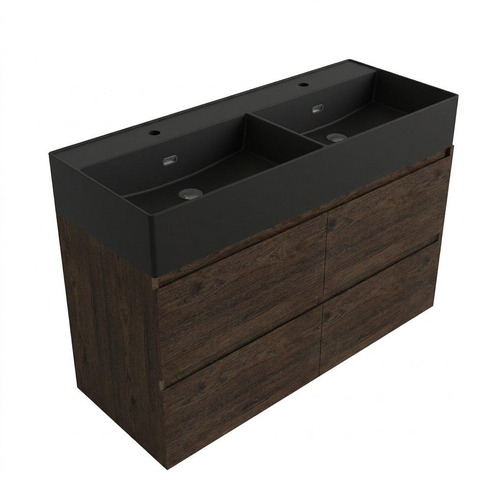 Saniclass Holz Pure Badkamermeubelset - 120x45x72cm - Legend keramische wastafel mat zwart - 2 wasbakken - 2 kraangaten - 4 lades - mat eiken charcoal (hout) SW1580193