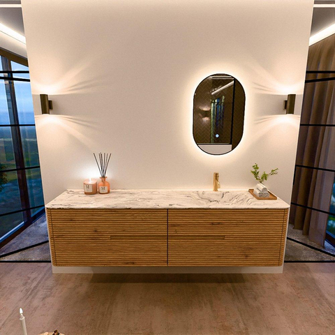 Mondiaz CIRO-DLUX Ensemble de meubles de salle de bains - 190x45x50cm - Vasque en solid surface Glace - 1 lavabo à droite - 1 trou de robinet - 4 tiroirs - Chêne SW1531078