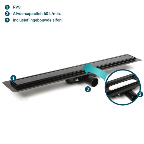Aco ShowerDrain C caniveau de douche acier inoxydable avec bride de plancher avec grille massive, 70mm de large, garde d'odeur 30mm 685mm profondeur d'encastrement 65mm avec sortie latérale noir signal SW157271