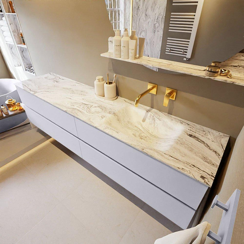 MONDIAZ VICA-DLUX Ensemble meuble de salle de bains - 200cm - meuble bas Cale - 4 tiroirs - lavabo encastré Cloud à droite - sans trous de robinet - version hauteur 60cm - Glace SW1088359