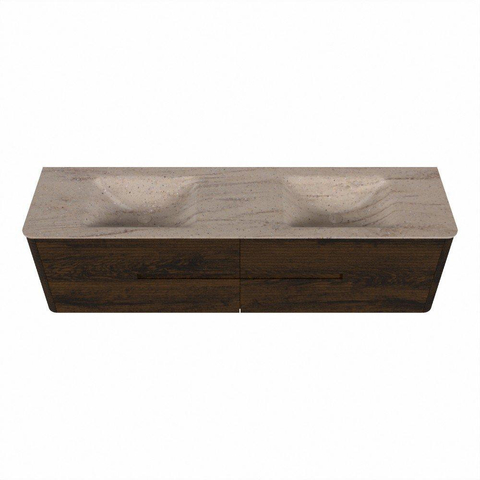Mondiaz CIRO-DLUX Meuble de salle de bains - 180x45x50cm - Plan vasque Solid surface Saba - 2 vasques Double - 2 trous pour robinet - 4 tiroirs - Noyer SW1530724
