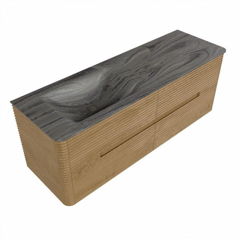 Mondiaz CIRO-DLUX Meuble de salle de bains - 140x45x50cm - vasque solid surface Sombra - 1 lavabo à gauche - sans trous de robinetterie - 4 tiroirs - Chêne SW1531259