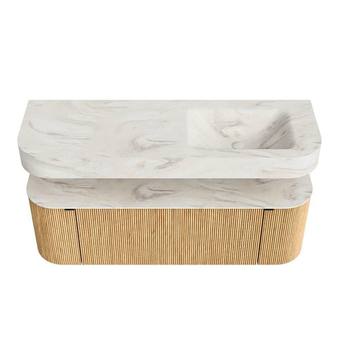 MONDIAZ THOR-DLUX 140cm meuble de salle de bains arrondi gauche + droite couleur Oak avec 1 tiroir et 2 portes. Vasque suspendue CLOUD Droite 1 trou de robinet couleur Ostra. SW1463947