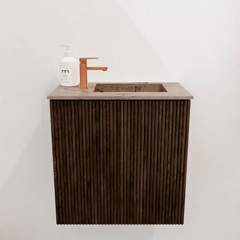 Mondiaz JOYA-DLUX 40cm toiletmeubel - kleur Walnut - Wastafel FAYE positie Rechts 1 kraangat kleur Arena. SW1424301