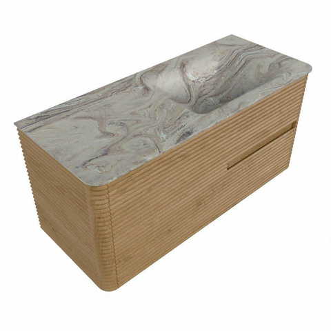 Mondiaz CIRO-DLUX Badkamermeubelset - 110x45x50cm - Solid surface wastafel Glace - 1 wasbak Rechts - zonder kraangaten - 2 lades - Oak SW1530821