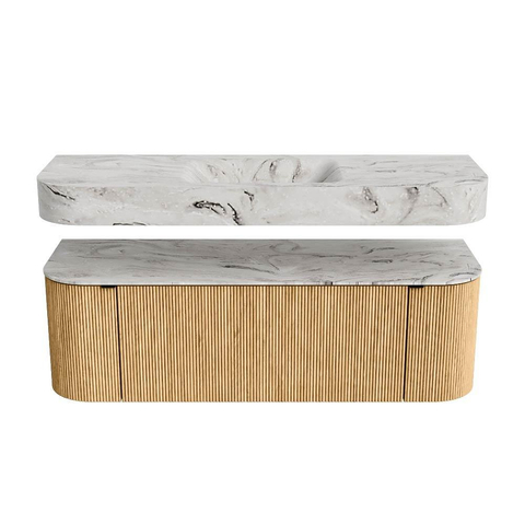 MONDIAZ THOR-DLUX 140cm badmeubel ronding links + rechts kleur Oak met 1 lade en 2 deuren. Vrijhangende wastafel CLOUD Midden zonder kraangat kleur Glace. SW1463926