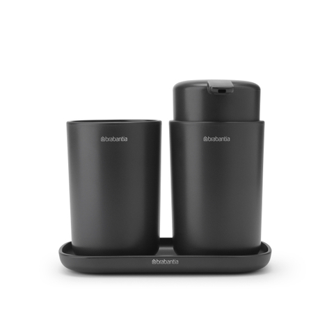 Brabantia ReNew Ensemble d'accessoires pour la salle de bains Kit de 3 Distributeur de savon, Porte brosse à dents et Plateau Dark Grey Gris SW454750