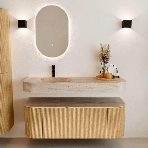 MONDIAZ THOR-DLUX 130cm meuble de salle de bains arrondi gauche + droite couleur Oak avec 1 tiroir et 2 portes. Vasque suspendue CLOUD Gauche 1 trou de robinet couleur Saba. SW1464010