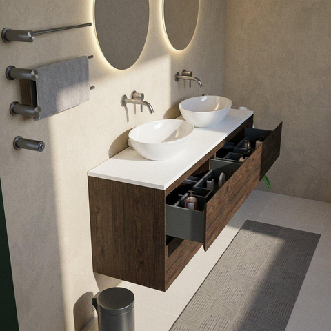 Saniclass Holz Pure Ensemble de meubles de salle de bains - 160x45x62.5cm - plan supérieur Torino en solid surface blanc - sans trou de robinetterie - 4 tiroirs - chêne charcoal mat (bois) SW1478830