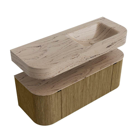 MONDIAZ THOR-DLUX 120cm meuble de salle de bains arrondi gauche + droite couleur Dusk avec 1 tiroir et 2 portes. Vasque suspendue CLOUD Droite 1 trou de robinet couleur Arena. SW1463405