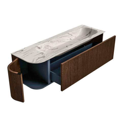 MONDIAZ KURVE-DLUX Meuble de salle de bains 145cm arrondi à gauche couleur Walnut avec 1 tiroir et 1 porte. Lavabo BIG LARGE à droite 2 trous de robinet Nata. SW1432238