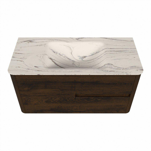 Mondiaz CIRO-DLUX Badkamermeubelset - 100x45x50cm - Solid surface wastafel Nata - 1 wasbak Midden - 1 kraangat - 2 lades - Walnut SW1530621