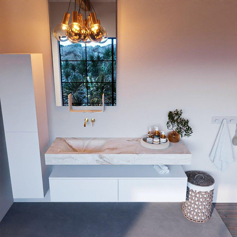 Mondiaz ALAN-DLUX Ensemble de meuble - 150cm - meuble Talc mat - 2 tiroirs - Lavabo Cloud Frappe suspendu - vasque Gauche - 0 trous de robinet SW805217