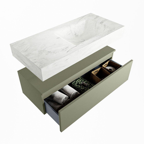 MONDIAZ ALAN - DLUX Ensemble de meuble de salle de bains - 100cm - meuble bas - Army - 1 tiroir - lavabo suspendu - vasque à droite - 0 trous de robinet - Opalo SW806782