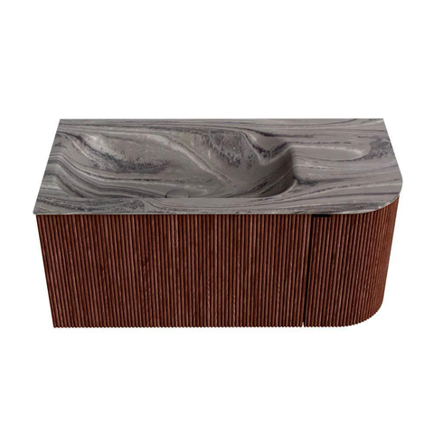 MONDIAZ KURVE-DLUX Meuble de salle de bains 95cm arrondi à droite couleur Ruby avec 1 tiroir et 1 porte. Vasque BIG SMALL gauche 1 trou de robinet Sombra. SW1433937