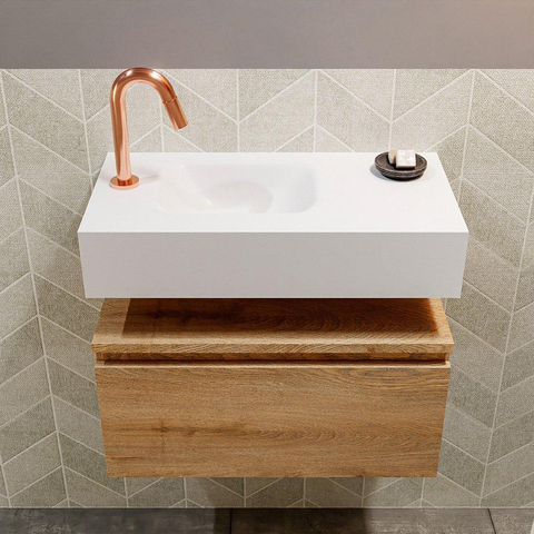MONDIAZ ANDOR Toiletmeubel - 60x30x30cm - 1 kraangat - 1 lades - washed oak mat - wasbak links - Solid surface - Wit SW474265