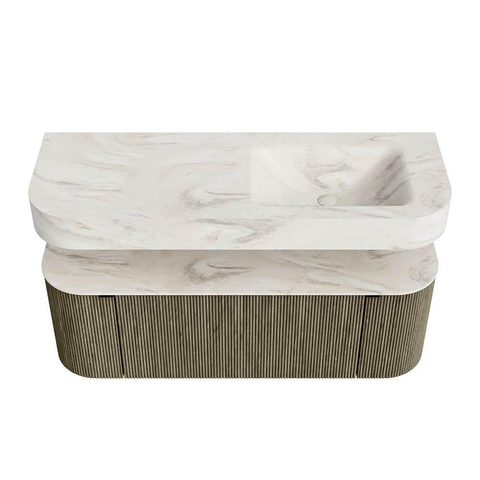 MONDIAZ THOR-DLUX Meuble de salle de bains - 130cm - arrondi gauche + droite - couleur Shadow - 1 tiroir - 2 portes - Vasque suspendue CLOUD Droite sans trou de robinet - couleur Ostra SW1463782