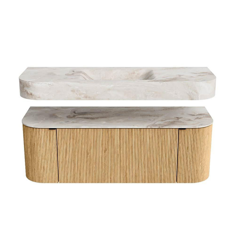 MONDIAZ THOR-DLUX 130cm badmeubel ronding links + rechts kleur Oak met 1 lade en 2 deuren. Vrijhangende wastafel CLOUD Midden 1 kraangat kleur Frappe. SW1463509