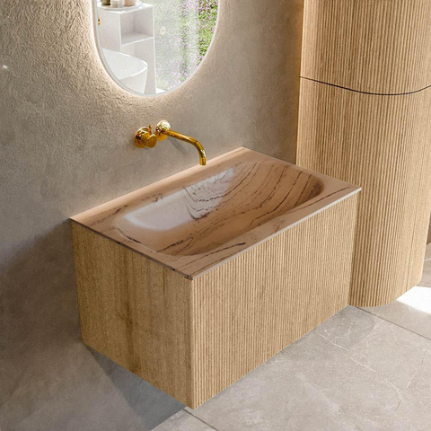 MONDIAZ KURVE-DLUX 70cm badmeubel kleur Oak met 1 lade en 0 deuren. Wastafel BIG SMALL Midden zonder kraangat Arena. SW1431082