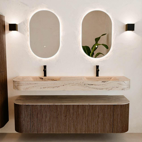 MONDIAZ THOR-DLUX 160cm meuble de salle de bains arrondi gauche + droite couleur Walnut avec 1 tiroir et 2 portes. Vasque suspendue CLOUD Double 2 trous de robinet couleur Arena. SW1465129