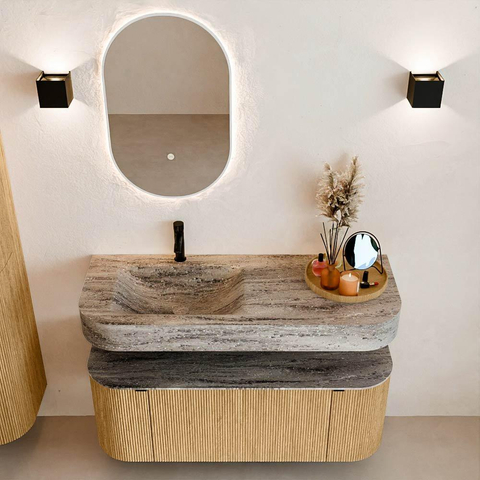 MONDIAZ THOR-DLUX 120cm badmeubel ronding links + rechts kleur Oak met 1 lade en 2 deuren. Vrijhangende wastafel CLOUD Links 1 kraangat kleur Oza. SW1463372