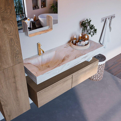 Mondiaz ALAN-DLUX Ensemble de meuble - 130cm - meuble Washed Oak mat - 2 tiroirs - Lavabo Cloud Frappe suspendu - vasque Gauche - 1 trou de robinet SW808792