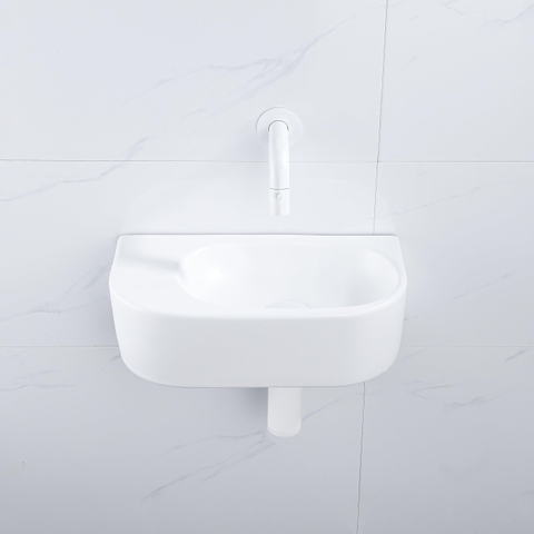 QeramiQ Fuente pack lave-mains – demi-rond – 40 x 21,5 x 12 cm – céramique blanc mat – sans perçage – robinet blanc mat SW1233091