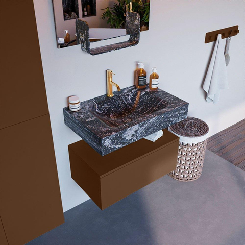 Mondiaz ALAN-DLUX Ensemble de meuble - 70cm - meuble Rust mat - 1 tiroir - Lavabo Cloud Lava suspendu - vasque Centre - 1 trou de robinet SW808120