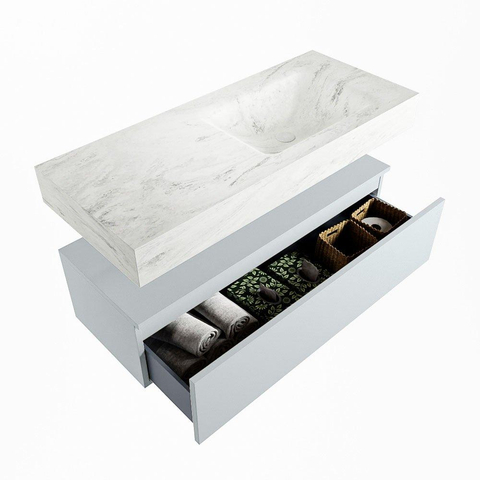 Mondiaz ALAN-DLUX Ensemble de meuble - 110cm - meuble Clay mat - 1 tiroir - Lavabo Cloud Opalo suspendu - vasque Droite - 1 trou de robinet SW806974