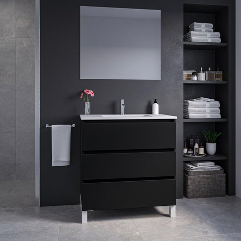 Saniclass Chaci PLUS Meuble de salle de bain - 80x86x46cm - lavabo en céramique blanc - 1 vasque - 1 trou de robinet - 3 tiroirs - miroir rectangulaire - noir mat SW926050