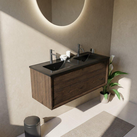 Saniclass Holz Frame Ensemble meuble de salle de bains - 120x45x42cm - lavabo Vygo en céramique noir - 2 vasques - 2 trous de robinetterie - 1 tiroir - chêne charcoal mat (bois) SW1478993