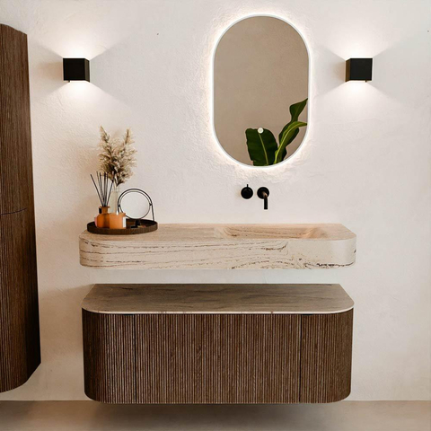 MONDIAZ THOR-DLUX 120cm badmeubel ronding links + rechts kleur Walnut met 1 lade en 2 deuren. Vrijhangende wastafel CLOUD Rechts zonder kraangat kleur Arena. SW1463384