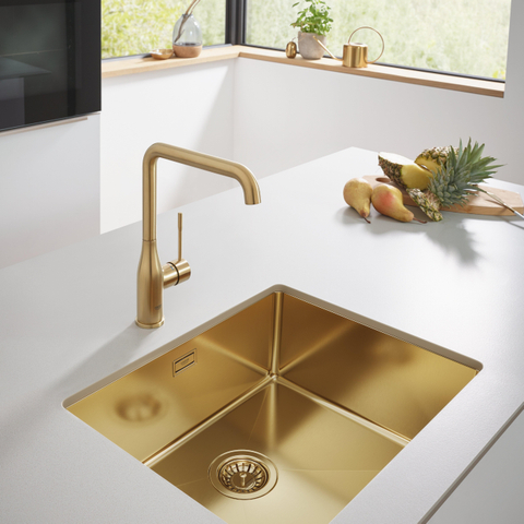 GROHE Essence New Mitigeur de cuisine avec bec L haut pivotant 0° / 150° / 360° cool sunrise brossé (or) SW97570
