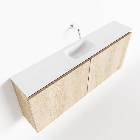 MONDIAZ TURE Toiletmeubel 120x23x50cm met 0 kraangaten 2 deuren washed oak mat Wastafel Eden midden Solid Surface Wit SW475170