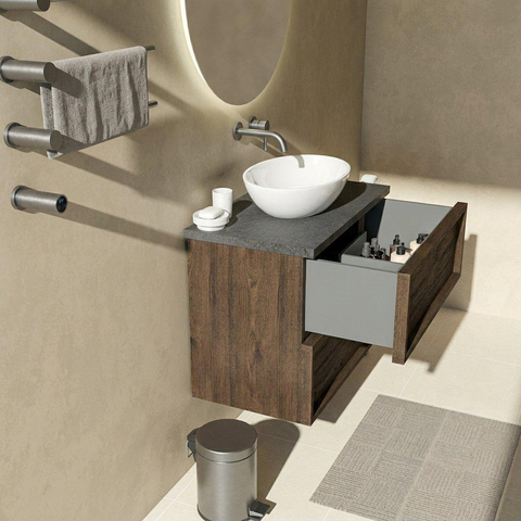 Saniclass Holz Frame Badkamermeubelset - 80x45x63cm - Noche basalten wastafelblad gepolijst (zwart) - zonder kraangat - 2 lades - mat eiken charcoal (hout) SW1579897