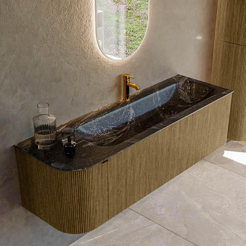 Mondiaz KURVE-DLUX Ensemble de meuble de salle de bains - 145x46x40cm - 1 tiroir - 1 porte - lavabo solid surface - droit - 1 trou de robinet - Dusk SW1415278