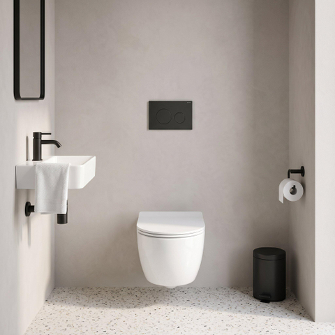 QeramiQ Dely Swirl Toiletset - 36.3x51.7cm - Geberit UP720 Duofix Sigma inbouwreservoir - rimless - diepspoel - slim zitting - metalen bedieningsplaat mat zwart - ronde knoppen - mat wit SW1414015