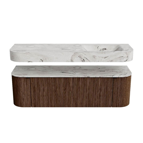 MONDIAZ THOR-DLUX 150cm badmeubel ronding links + rechts kleur Walnut met 1 lade en 2 deuren. Vrijhangende wastafel CLOUD Rechts zonder kraangat kleur Glace. SW1464660